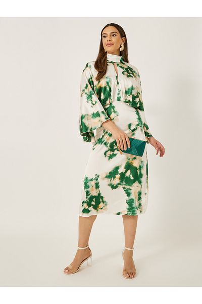 Styli Print Satin Long Sleeves Sheath Midi Dress