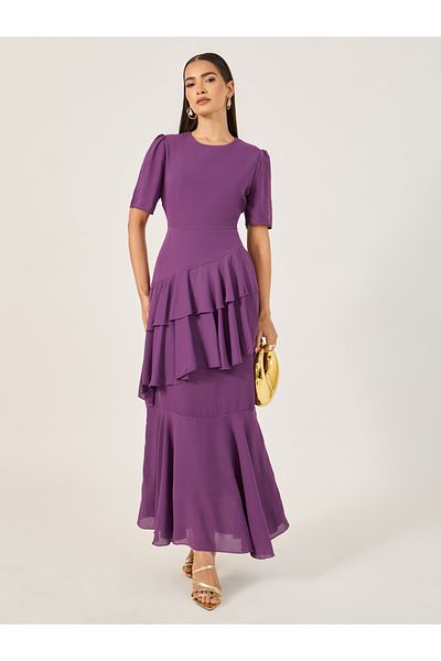 Styli Ruffled Detail Round Neck Tiered Maxi Dress