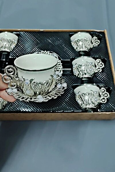 KT HOME Türk Kahvesi Sunum Seti 6 Kişilik Metal Kahve Fincan Takımı Kahve Fincanı 6 Lı Taşlı Süslemeli