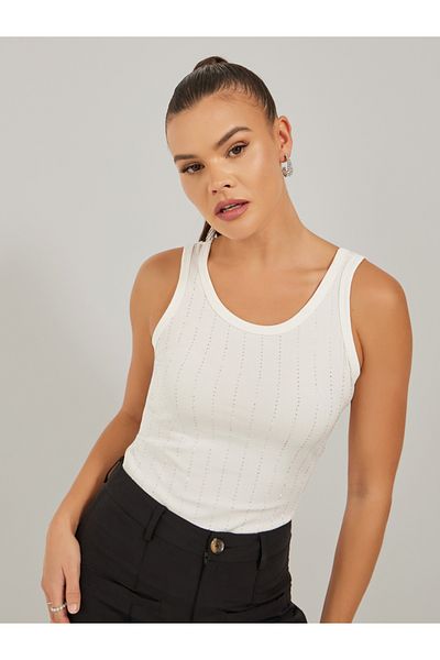 Styli Rhinestone Studded Scoop Neck Fitted Tank T-Shirt