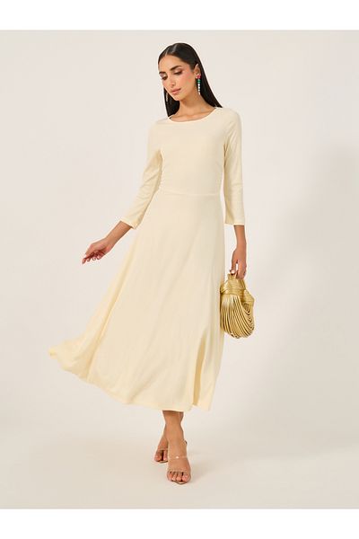 Styli Solid Round Neck A-Line Midi Dress with 3/4th Sleeves
