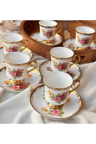 Kosova Evimsahane Owen Floral Coffee Cup Set with 6 People's Feet