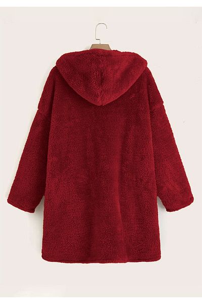 Little Visqon Women's Double Pocket Detailed Hooded Plush Cardigan - Red
