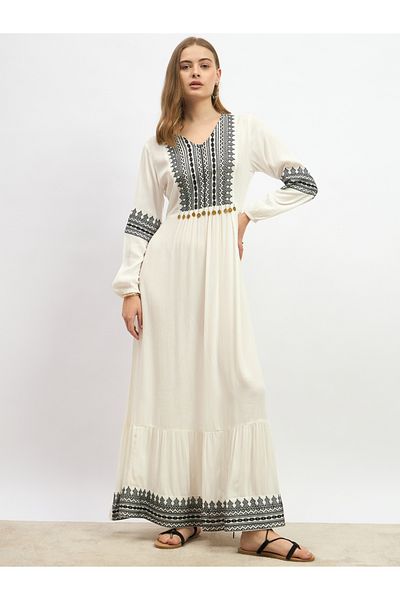 Styli Embroidered Cuffed Sleeves A-Line Maxi Dress