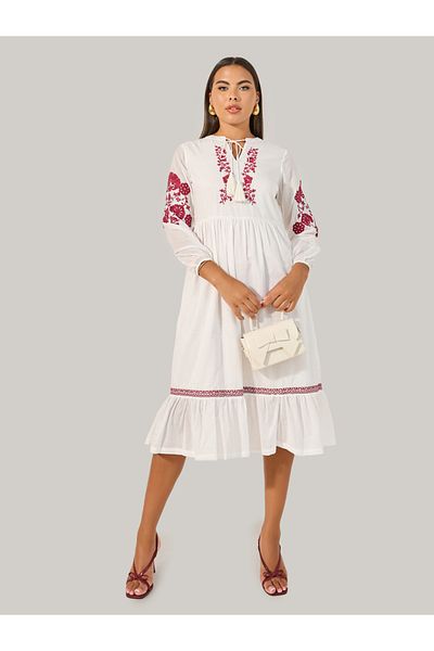 Styli Embroidered Long Sleeves A-Line Midi Dress