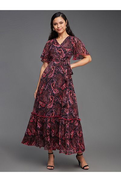 Styli Paisley Printed Wrap Look A-Line Maxi Dress