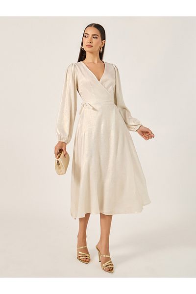 Styli Foil Print Long Sleeves Wrap Midi Dress