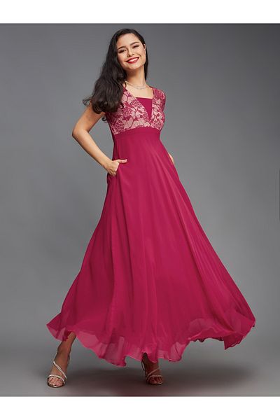 Styli Lace Insert Square Neck A-Line Maxi Dress