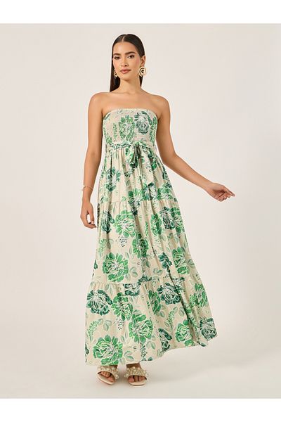 Styli Floral Print Bandeau Neck A-Line Maxi Dress