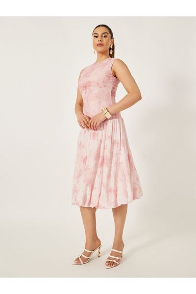 Styli Printed Sleeveless Ruffled Hem A-Line Midi Dress