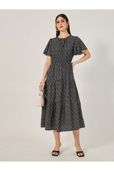 Styli Print Short Sleeves Tiered Maxi Dress