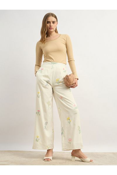 Styli Floral Embroidered Wide Leg Pants with Side Zip Closure