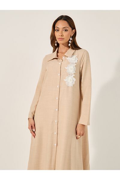 Styli Collared Lace Detail Buttoned Maxi Shirt and Trousers Set