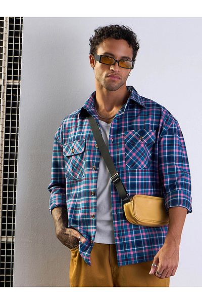 Mascln Sassafras By Styli Blue and Pink Check Flap Pocket Oversize Shirt