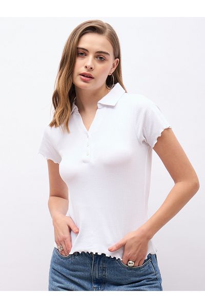 Styli Ribbed Lettuce Edge Detail Regular Fit Polo T-Shirt