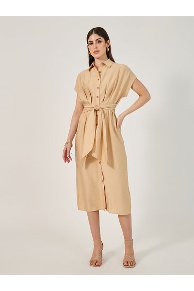 Styli Solid Buttoned Tie Up Shirt Midi Dress