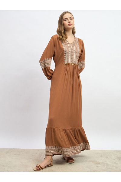 Styli Embroidered Cuffed Sleeves A-Line Maxi Dress