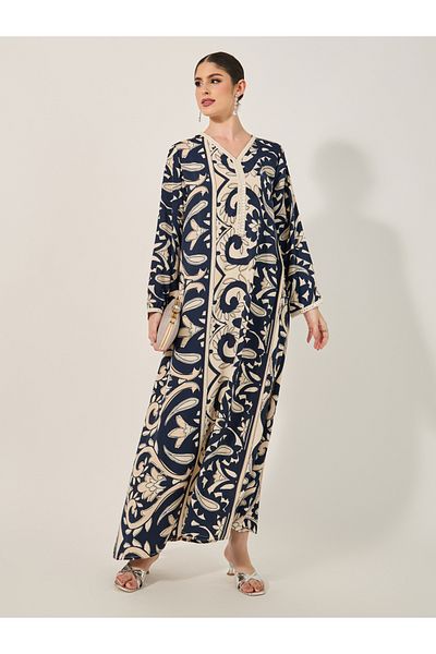 Styli All-Over Print Embroidered V-Neck A-Line Jalabyia
