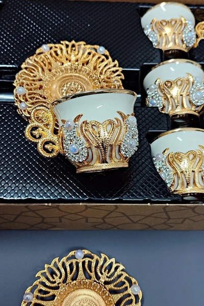 KT HOME Türk Kahvesi Sunum Seti 6 Kişilik Metal Kahve Fincan Takımı Kahve Fincanı 6 Lı Taşlı Kristal