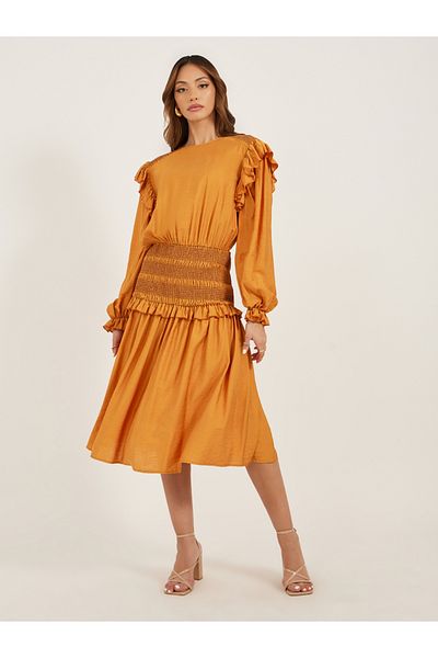 Styli Balloon Sleeves Smocked Detail A-Line Midi Dress