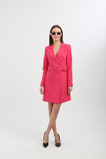 Genel Markalar Mono Yaka Çıkarılabilir Kemerli Uzun Fuşya Kruvaze Ceket