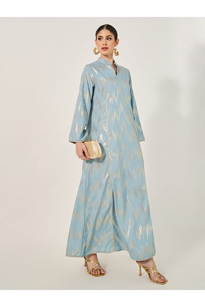 Styli Foil Pattern Print A-Line Jalabiya with Stand Collar