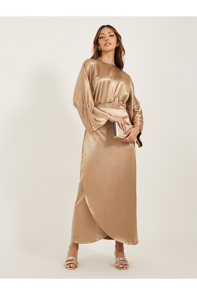 Styli Plain Long Sleeves Wrap Look A-Line Maxi Dress