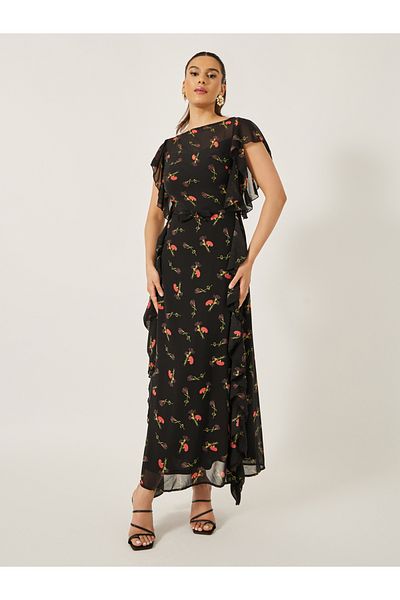 Styli Printed Ruffled Hem Sleeveless Sheath Maxi Dress
