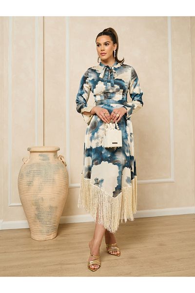 Styli Print Long Sleeves Shirt Midi Dress with Fringe Hem