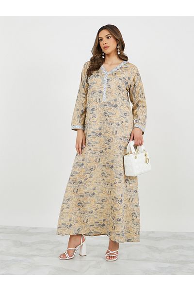 Styli All-Over Print Lace Detail V-Neck A-Line Jalabyia