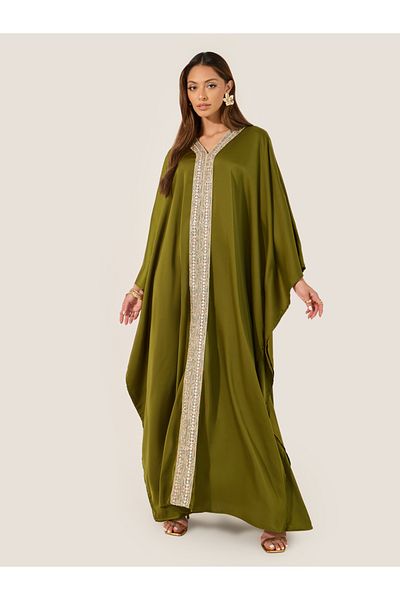 Styli Satin V-Neck Lace Panel Kaftan