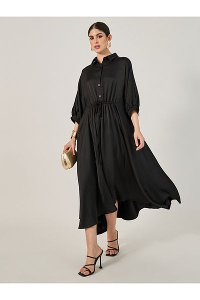 Styli Ruched Waist Buttoned Shirt Midi Dress