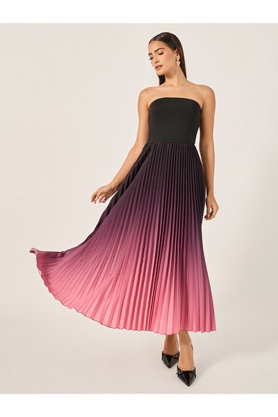 Styli Ombre Accordion Pleated Strapless A-Line Midi Dress