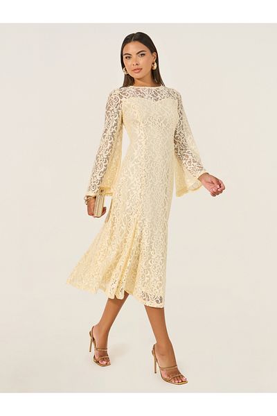 Styli Solid Lace Bell Sleeves A-Line Midi Dress