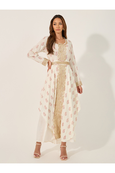 Styli Printed Round Neck Lace Insert Belted Kaftan