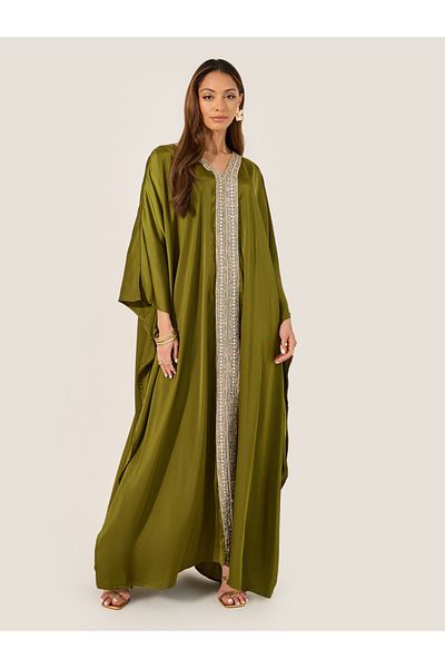 Styli Satin V-Neck Lace Panel Kaftan