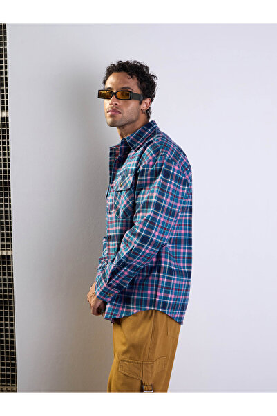Mascln Sassafras By Styli Blue and Pink Check Flap Pocket Oversize Shirt