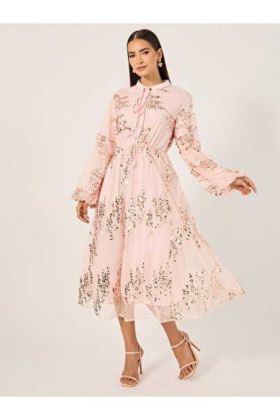 Styli فستان ميدي بأكمام منفوخة ومزين بالترتر