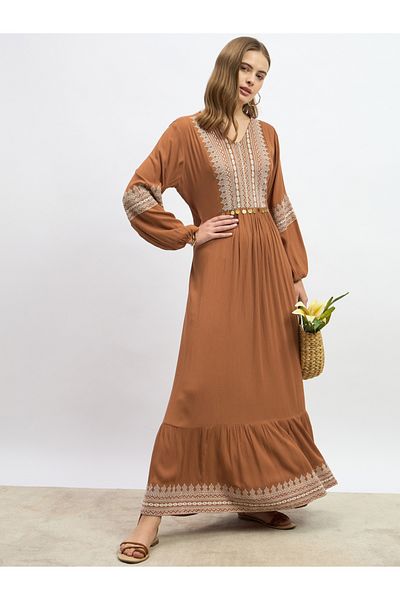 Styli Embroidered Cuffed Sleeves A-Line Maxi Dress