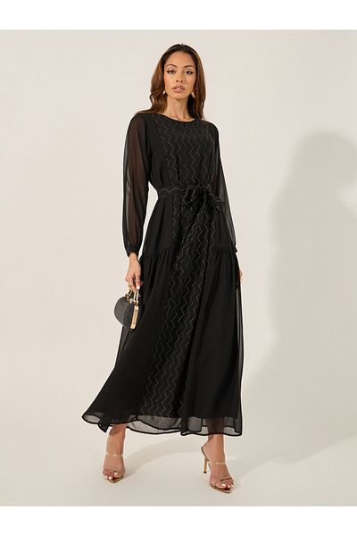 Styli Embellished Round Neck Tie Up Waist Jalabiya