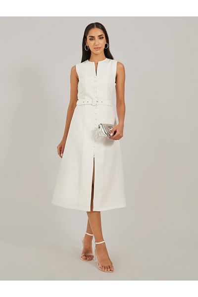 Styli Solid Sleeveless A-Line Midi Dress with Belted Detail