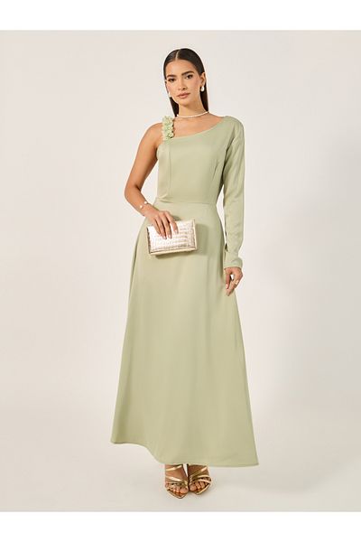 Styli Plain Asymmetric Neck A-Line Maxi Dress