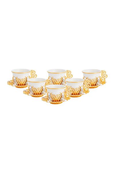 KT HOME Turkish Coffee Presentation Set 6 Person Metal Coffee Cup Set Coffee Cup Set of 6 with Stone Decoration
