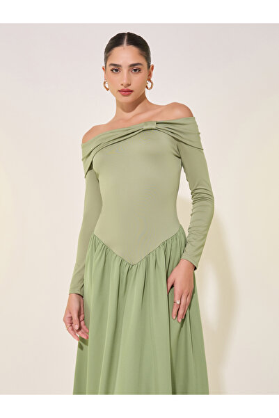 Take Two By Styli Solid Off Shoulder Gathered Detail Midi Dress