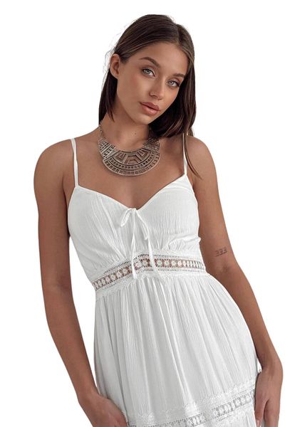 Moda Amore Rochie de vară de in pentru femei - Design cu dungi orizontale din dantelă cu detaliu Gipe pe bretele la spate 8530