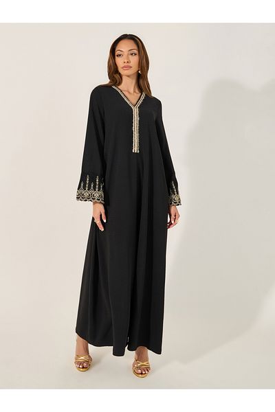 Styli Lace Trim Detail V-Neck A-Line Jalabyia