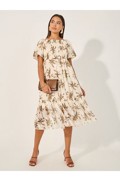 Styli Print Shirred Half Sleeves A-Line Midi Dress