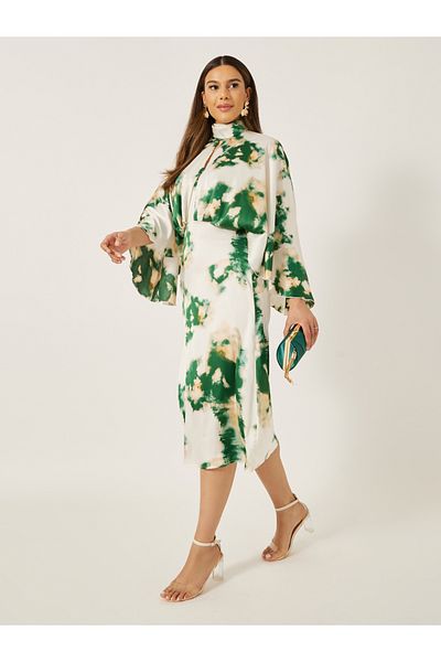 Styli Print Satin Long Sleeves Sheath Midi Dress