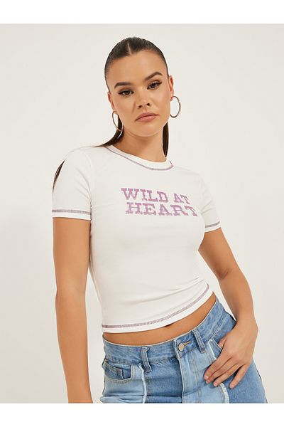 Styli Slogan Print Contrast Stitch Fitted T-Shirt