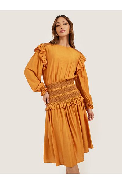 Styli Balloon Sleeves Smocked Detail A-Line Midi Dress